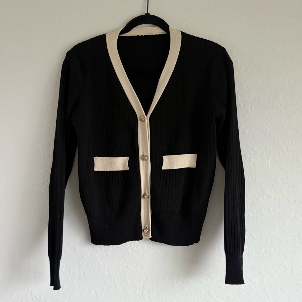 Black and Cream Button-Up Cardigan